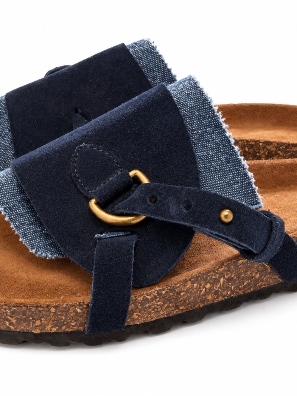 Sundance Navy Suede Denim Cork Slide Sandal Bronze Buckle Birkenstock Style NEW
